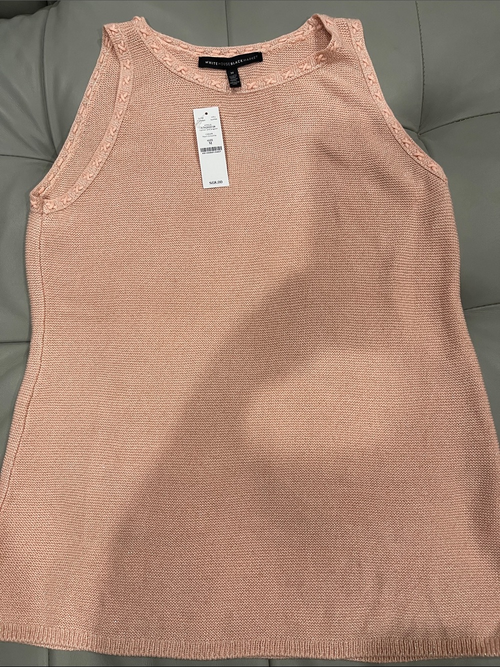 NWT White House Black Market Blush Peach Sparkle Knit Tank with Braided Trim Med